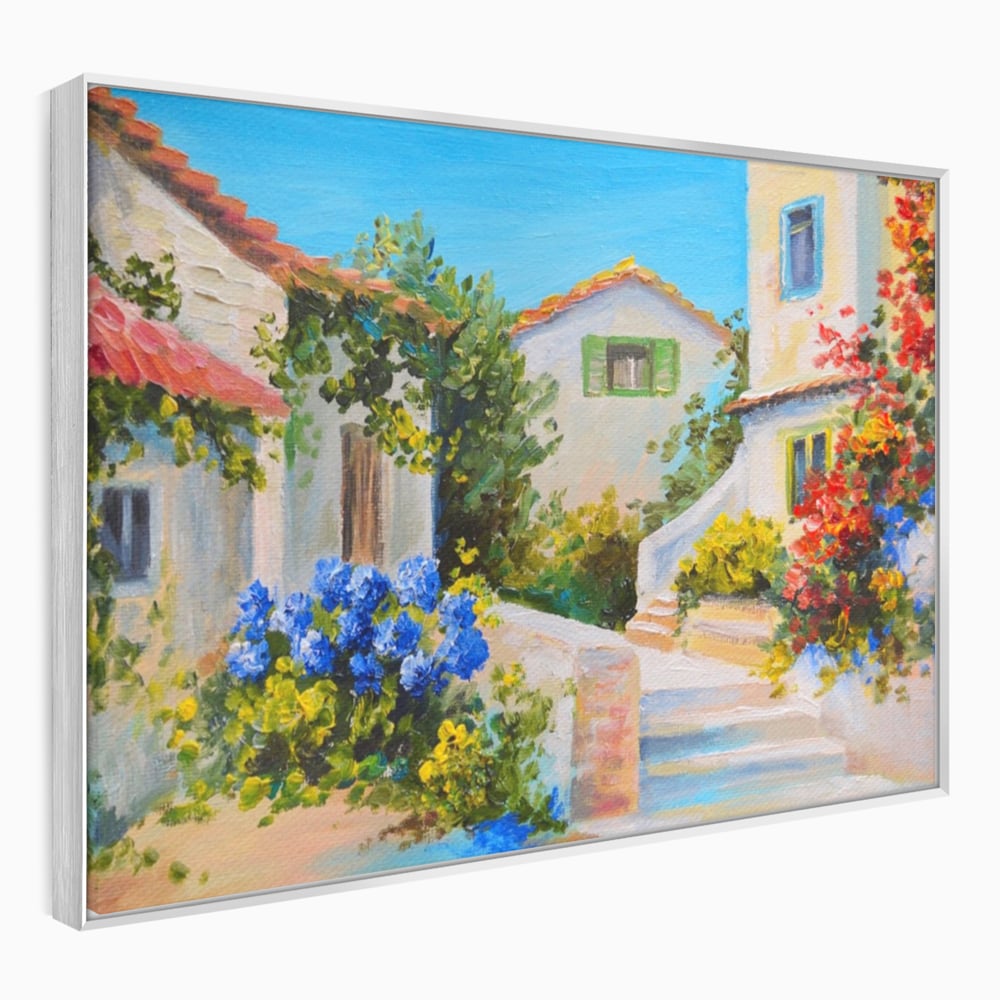 Tablou canvas cu pictura peisaj mediteranean cu case, in rama de aluminiu argintiu